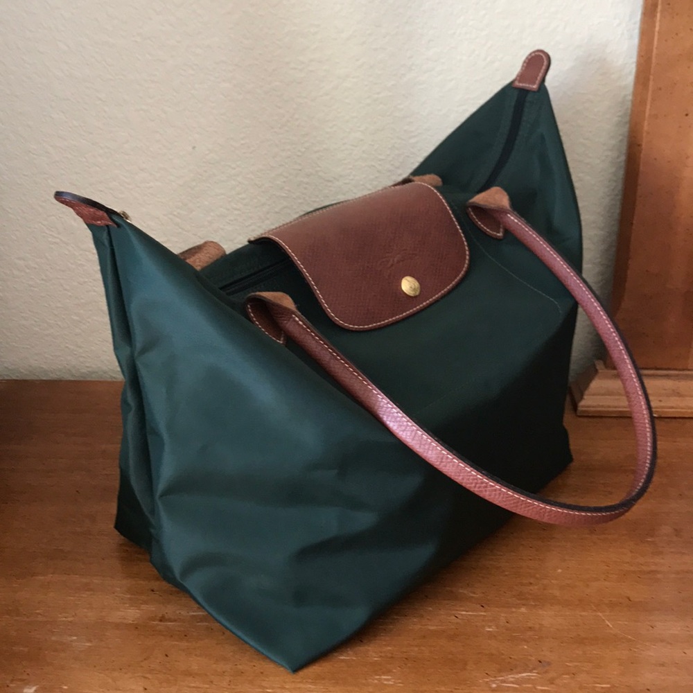 Dark green with brown Longchamp zip bag
